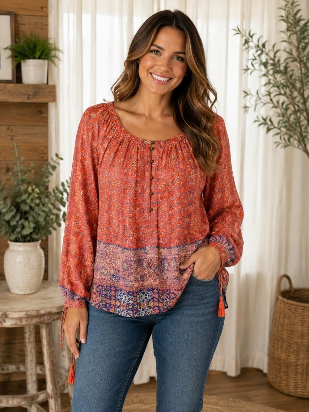 Lucky Brand Blouse Medium Coral Paisley Boho Peasant Top Border Print Viscose